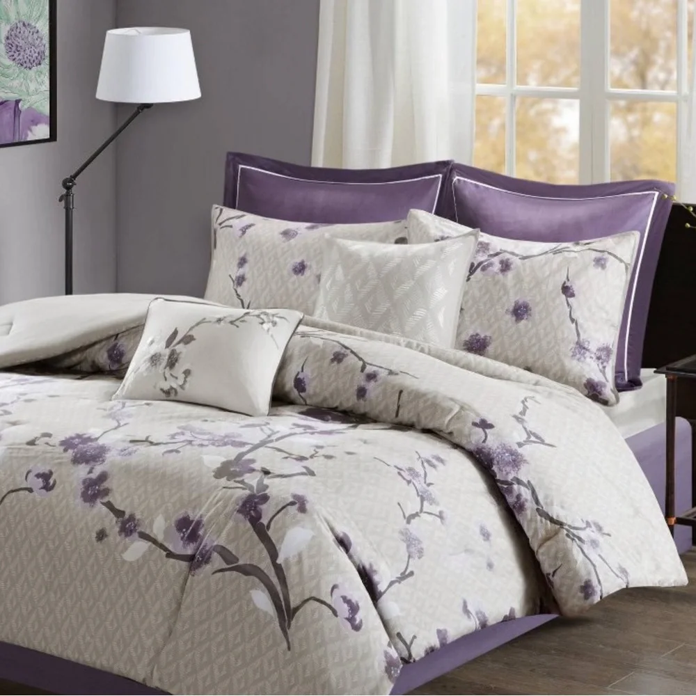 Madison Park Purple and Cream Floral Comforter Set Queen 8 piece set - Picture 6 of 10
